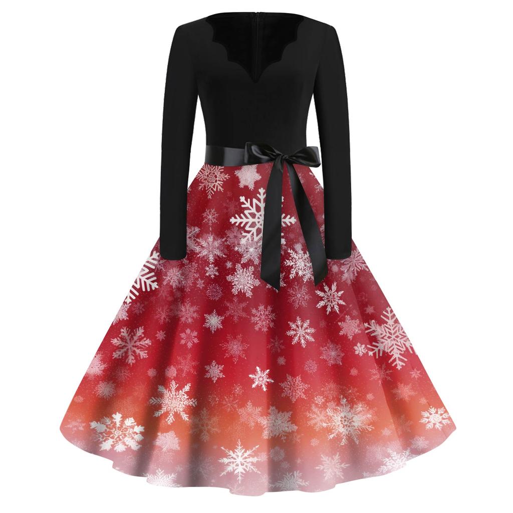 Women's Fashion V-Neck Relaxed-Fit Christmas Print Long-Sleeved Dress