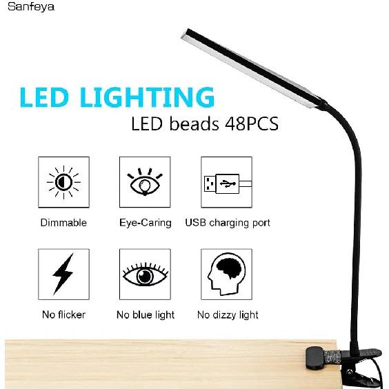 Vansuny Clip On Light LED Desk Lamp with Eye-Caring LED Light and Metal Clip, 11 Level Brightness 3 Color Modes, Power by USB Port 5W Flexible