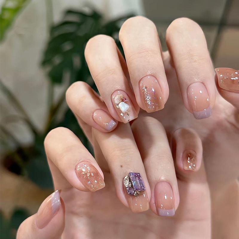 

Handmade Nude Gradient Gold Foil Nail Art Tips - Removable and Wearable UV Gel
