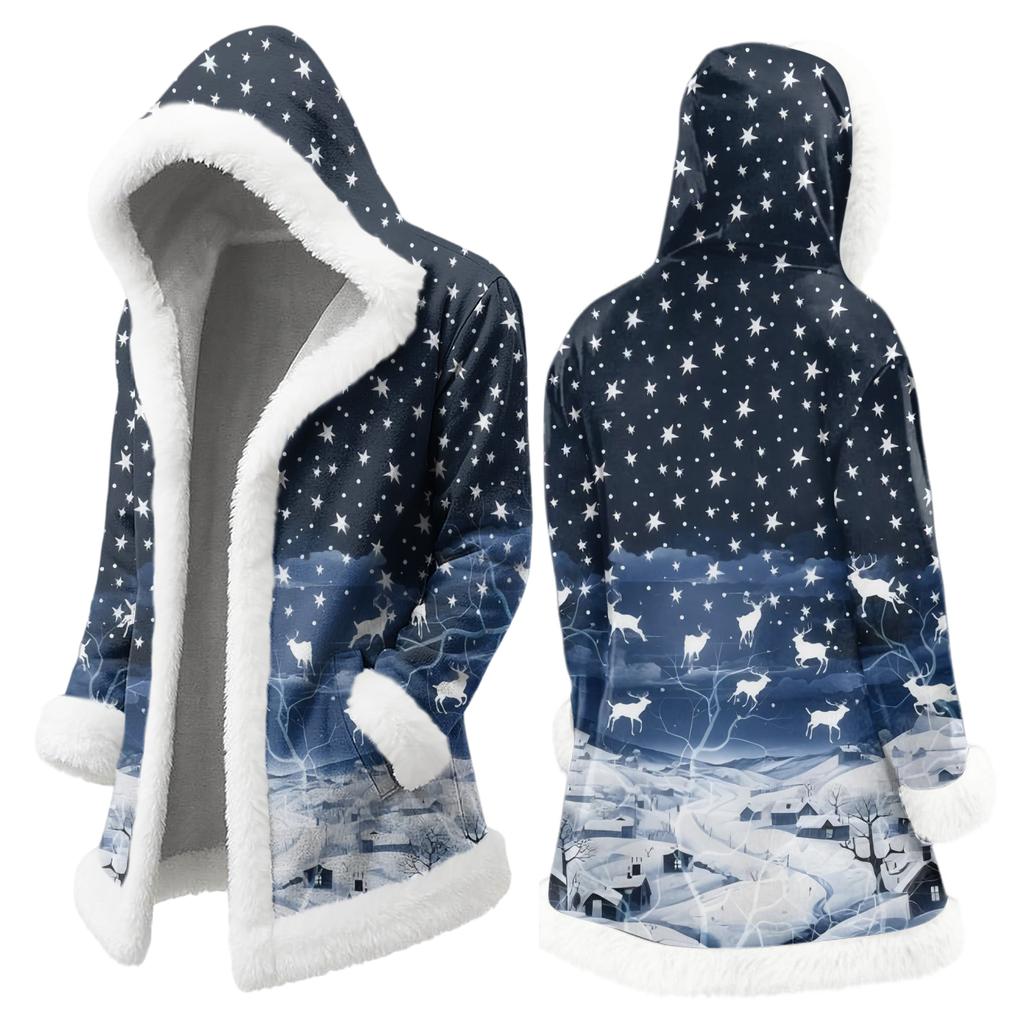 Men's Christmas Long Hooded Cardigan With Pockets Warm Jacket