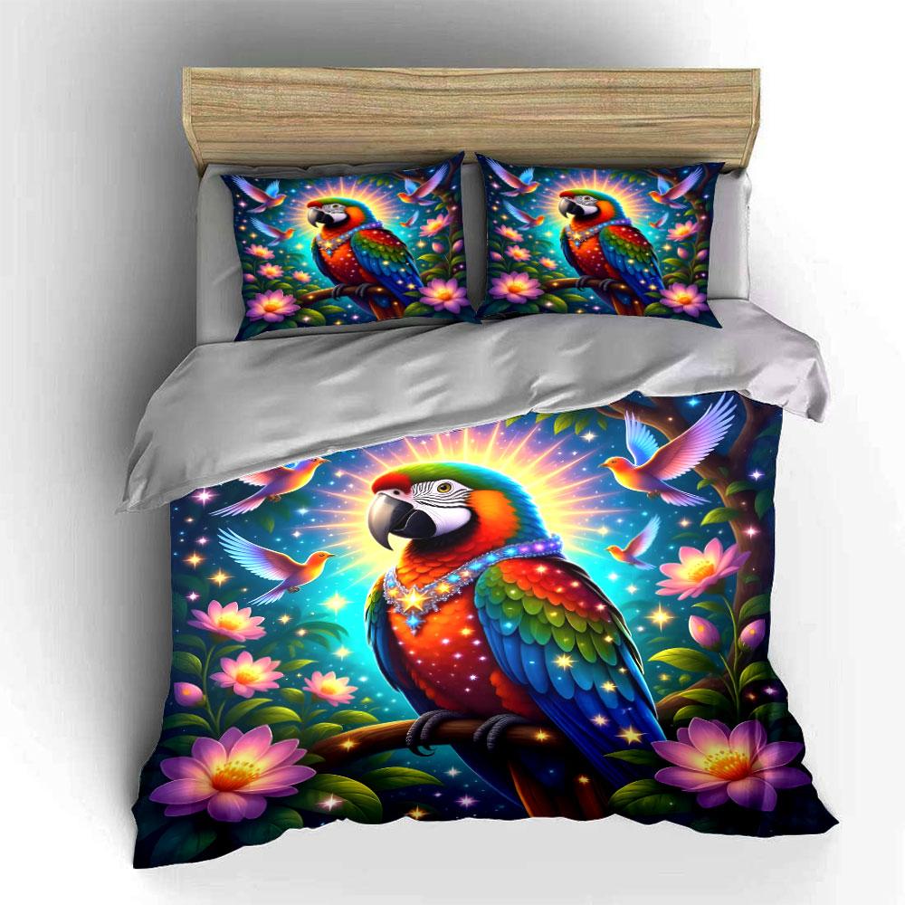 Vibrant Parrot and Flowers Bedding Duvet Cover Set  (1*Duvet Cover 2*Pillowcases, Without Duvet Insert)