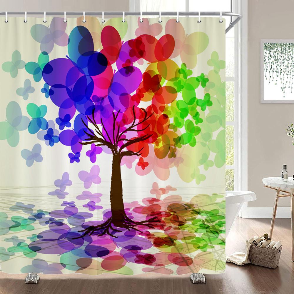 

Art Butterfly Flowers Shower Curtain Floral Bath Curtain Polyester Fabric Waterproof Bathroom Curtains with Hooks Bath Screen W90xH180cm