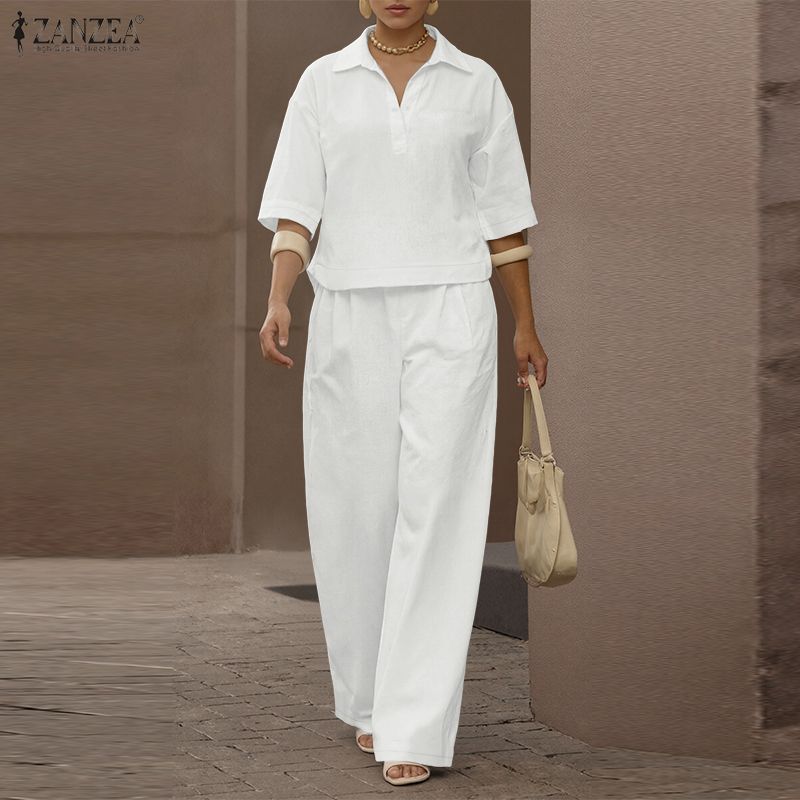 ZANZEA Women Short Sleeve Blouse and Pants Casual Two Piece Suit Sets