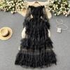 French Fashion Mesh Party Long Dress Women Ruffle Long Sleeve Slash Neck Elastic Waist Ladies Summer Elegant A Line Dresses