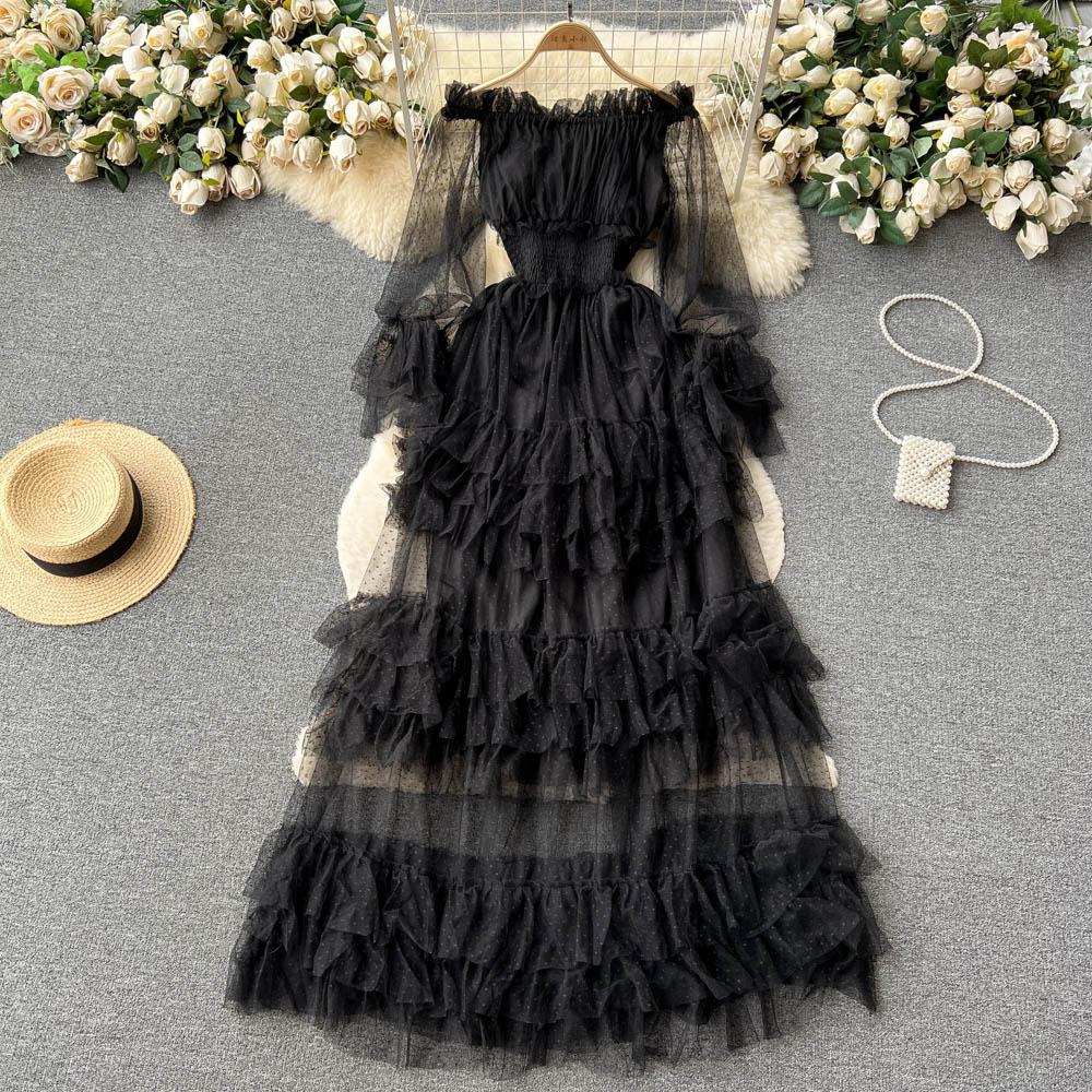 French Fashion Mesh Party Long Dress Women Ruffle Long Sleeve Slash Neck Elastic Waist Ladies Summer Elegant A Line Dresses