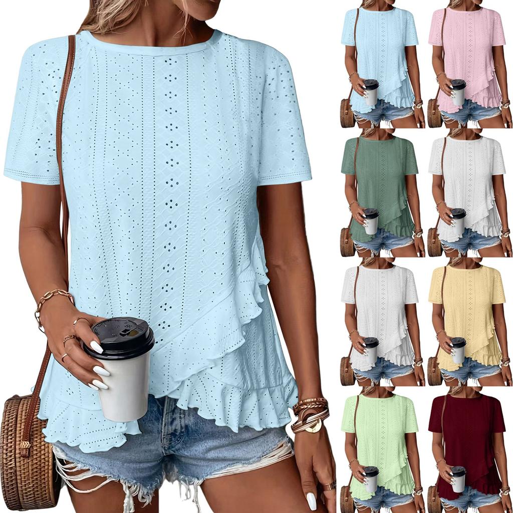 Women Summer  Top Eyelet Vacation Short Sleeve O Neck Loose Fit Shirt Spring Fashion Casual Clothes