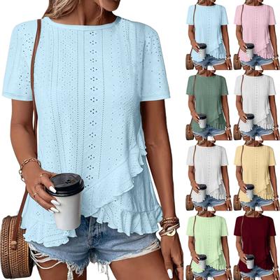 Women Summer  Top Eyelet Vacation Short Sleeve O Neck Loose Fit Shirt Spring Fashion Casual Clothes