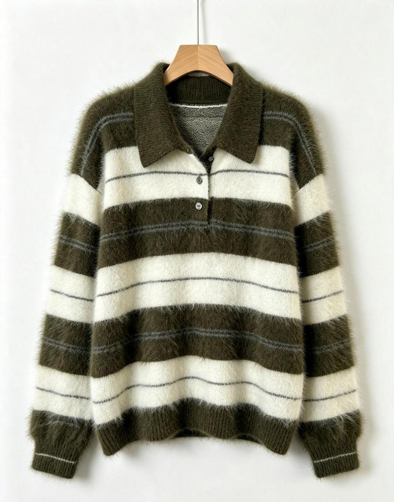 Women's Retro Color Block Striped Cashmere Pullover - Polo Collar, Brushed Inner, Casual Autumn & Winter Style