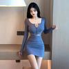 Sexy Women's Clothing Pure Desire Style One-word Shoulder Base Slim Fit Hip Dress Autumn Chic High-end Feeling