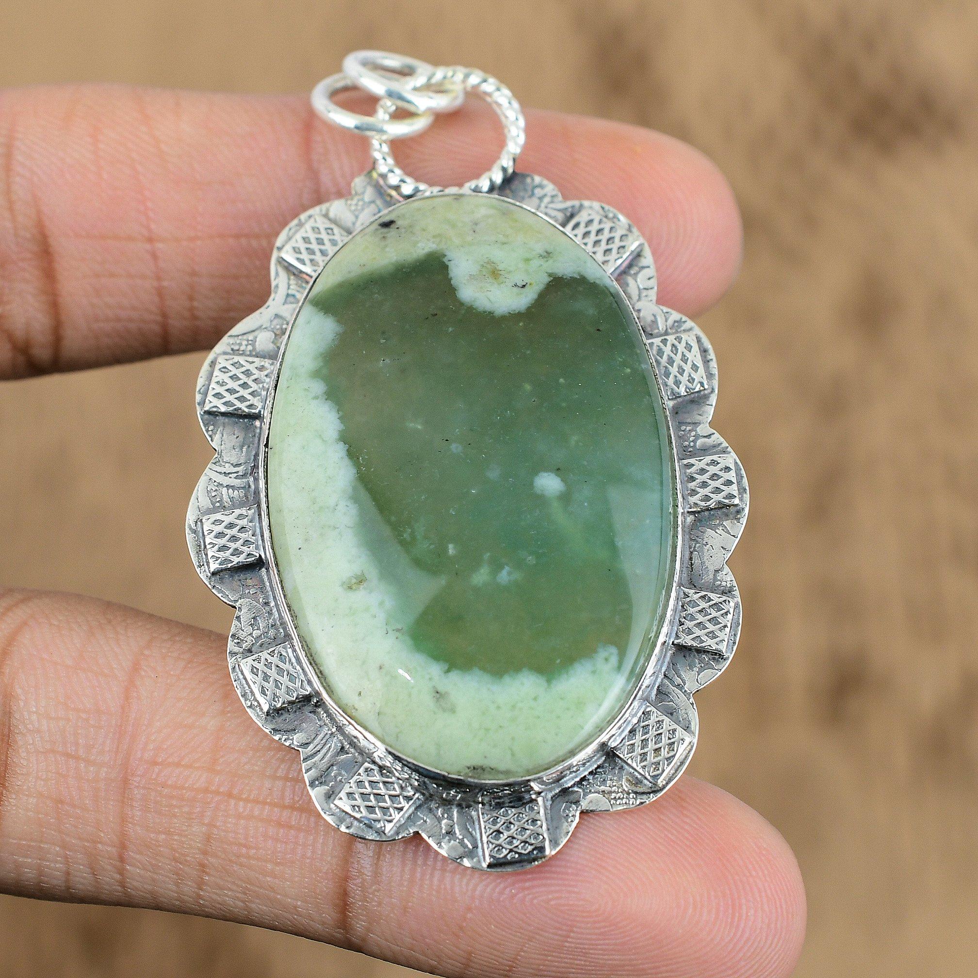 

Natural Green Serpentine Gemstone Pendant 925 Sterling Silver Jewelry For Girls