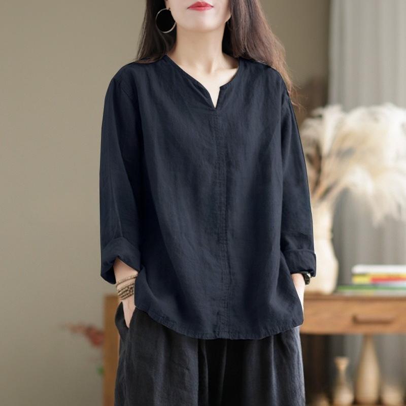 YYFS Damenmode, lässig, Frühling und Herbst, einfarbig, langärmelig, V-Ausschnitt, Blusen und Hemden