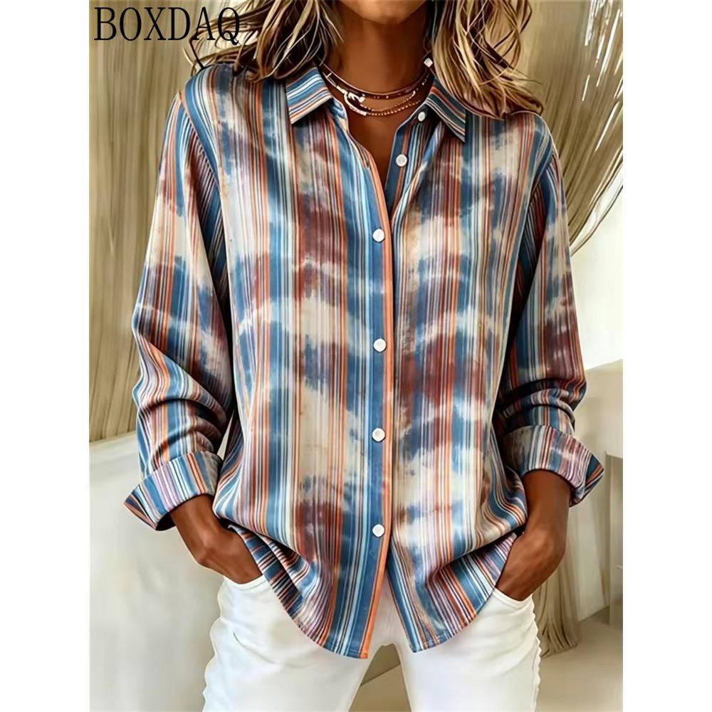 Women's Summer Button Up Blouse with Multi Colored Striped Print Lapel Women's Shirt Long
