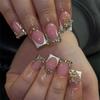24PCS White French Fake Nails for Women Simple Short Square False Nails Sweet Cool 3D Star with Rhinestone Press On Nails Patch