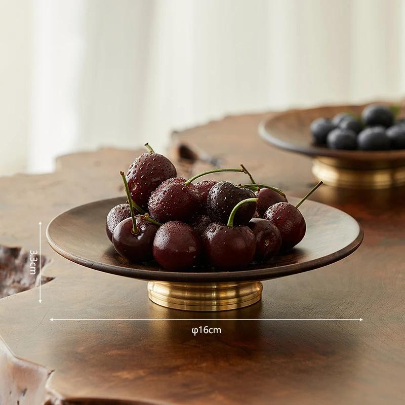 Wooden High Foot Tray Brass Base Fruit Tray Living Room Coffee Table Home Snack Dessert Cake Dish Dessert Candy Plate Home Decor
