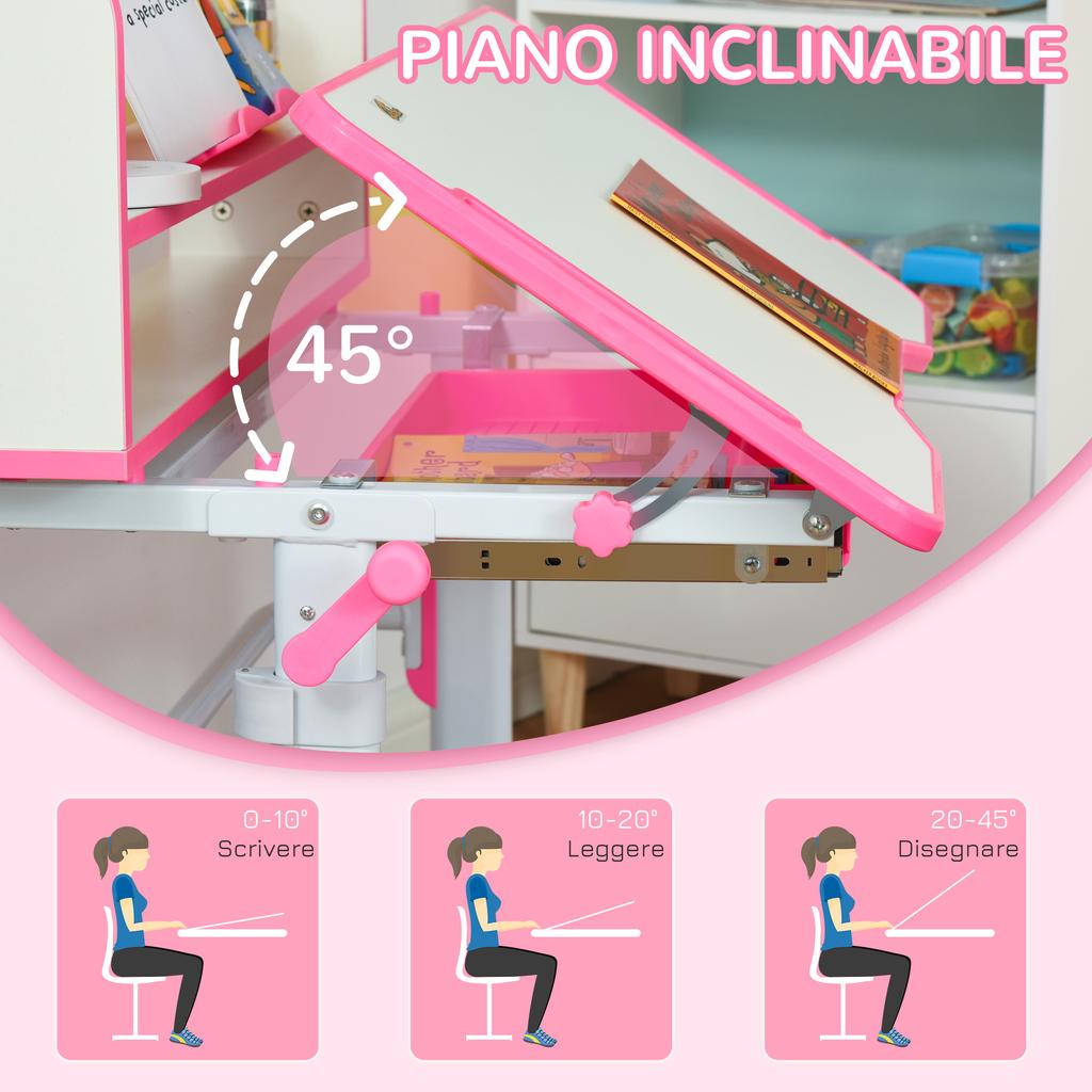 Scrivania Scolastica per Bambini 6-12 Anni Regolabile con Luce LED, Pupitre e Portapenne, in MDF, PP e Acciaio, Rosa