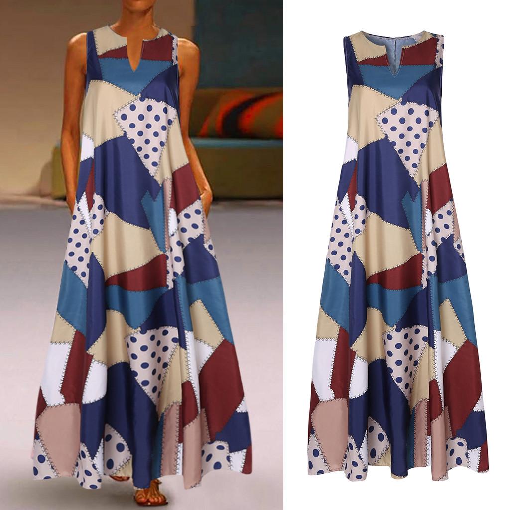 Women Plus Size Print Daily Casual Sleeveless Vintage Bohemian V Neck Maxi Dress