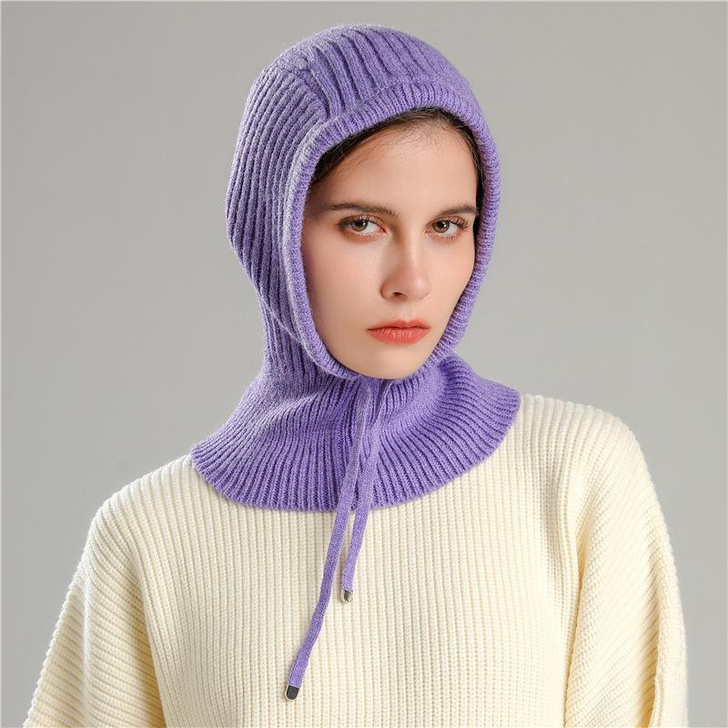 Winter Scarf And Hat Integrated For Outdoor Cycling, Warm Knit Scarf, Woolen Hat, Ear Protection, Solid Color Scarf, Drawstring