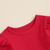 Baby Mädchen Valentinstag Outfit Einfarbig Gerippt Rüschen Langarm Strampler Herz Schleife Druck Latzkleid 2-teiliges Set