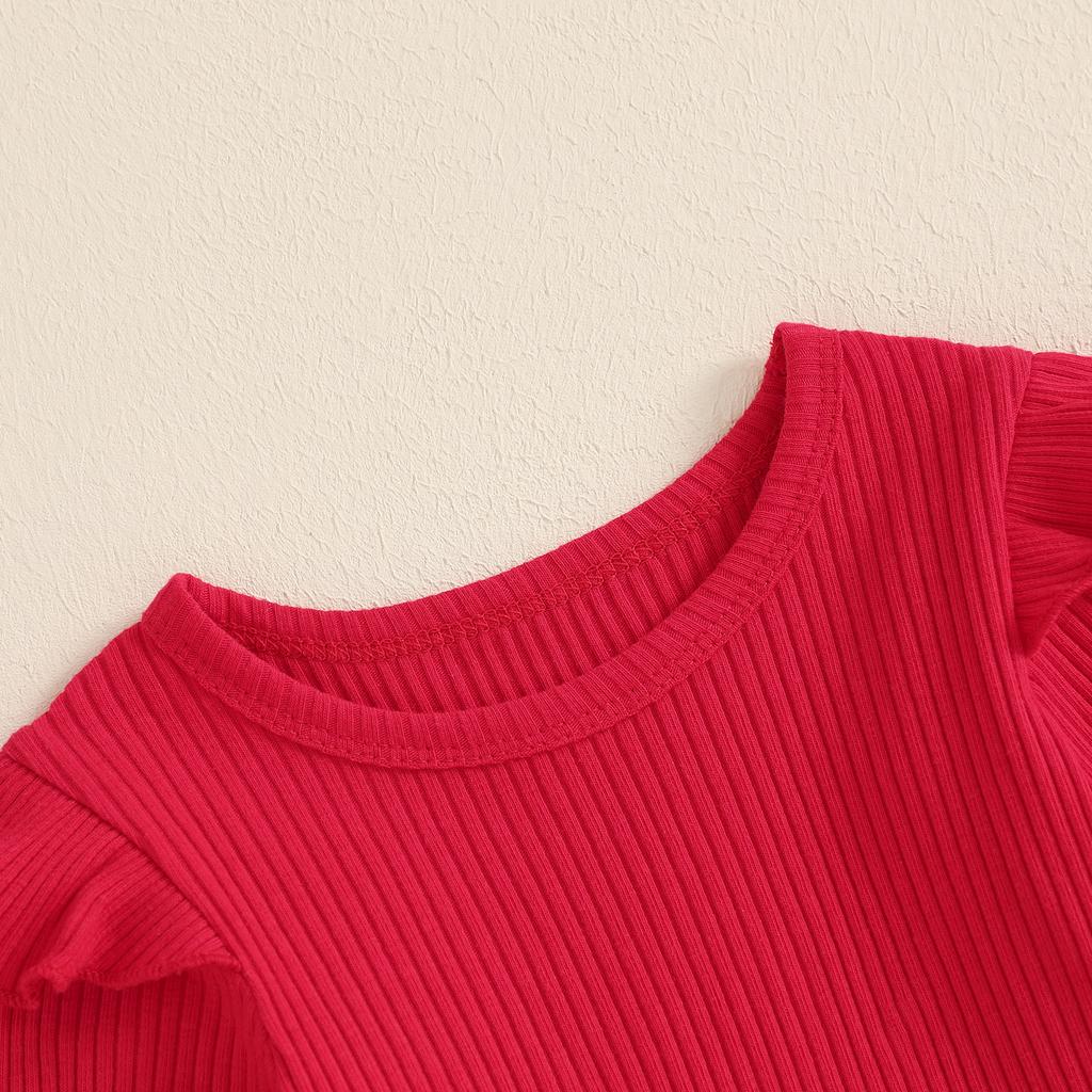 Baby Mädchen Valentinstag Outfit Einfarbig Gerippt Rüschen Langarm Strampler Herz Schleife Druck Latzkleid 2-teiliges Set