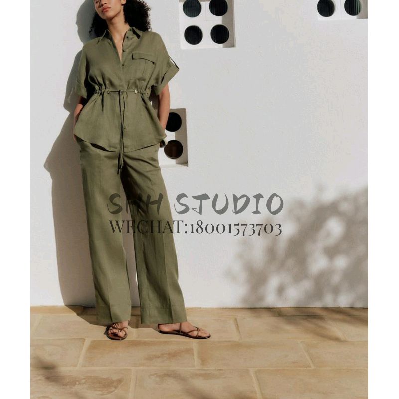 Spring Xinya Hemp Blend Adjustable Waist Shirts 3436707 3226707 Straight Pants 3454707