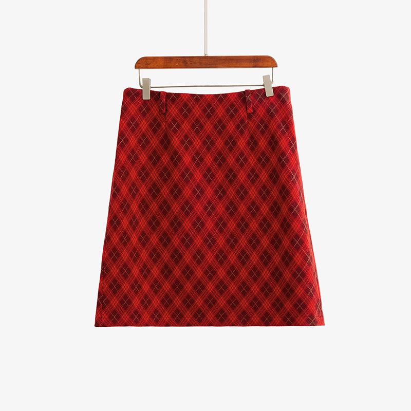 

2025 Winter Plus Size Elegant Retro Plaid A-line Skirt XXXL (80-90 kg) червоний