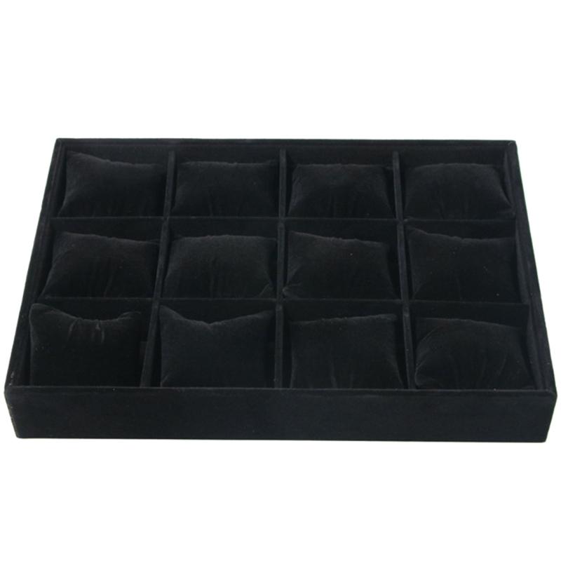 

12 Slots Watch Showcases Tray Stylish Watch Display Tray with Adjustable Cushion Velvets Wristwatch Organizer Stand чорний