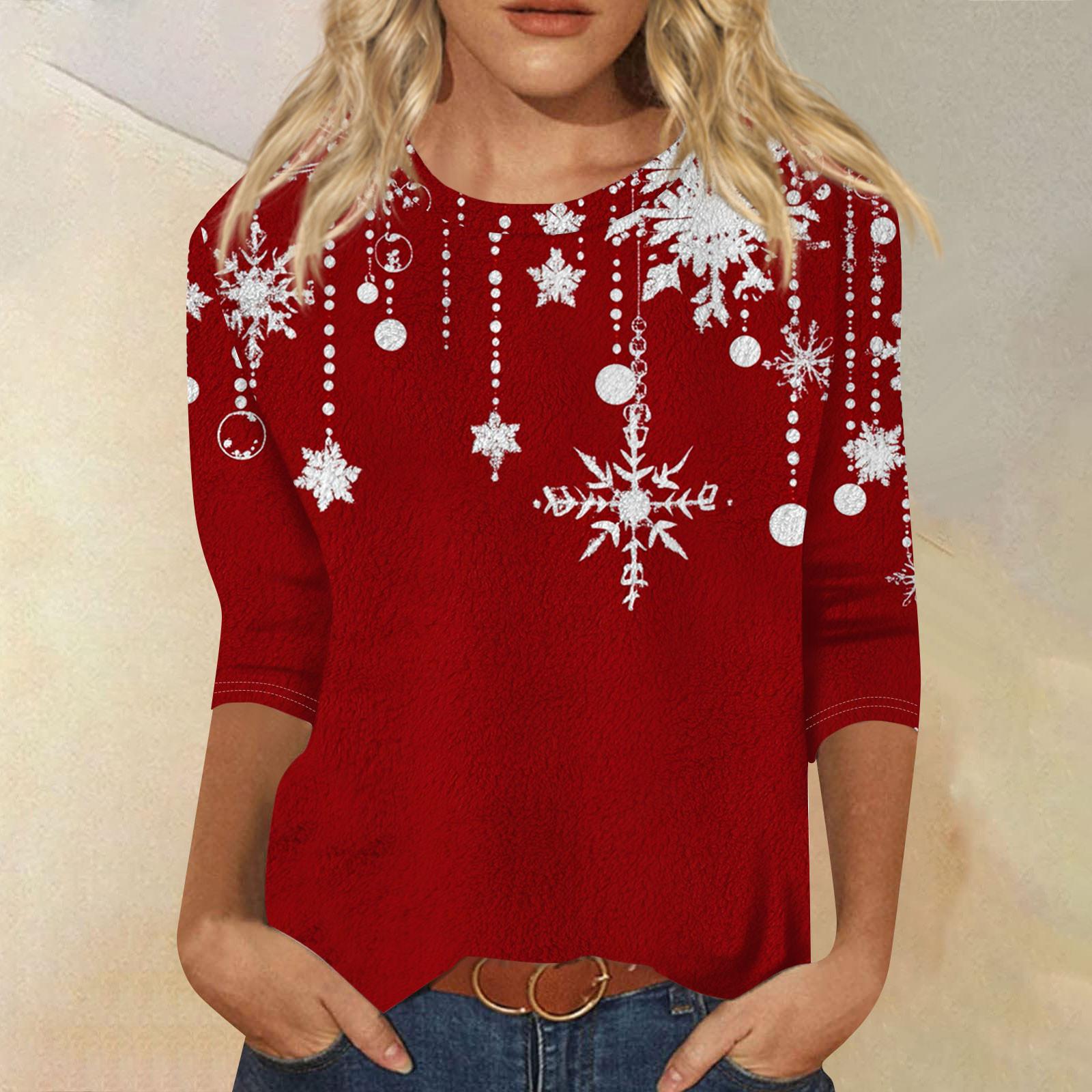 

Женская мода повседневная рубашка с круглым вырезом и рождественским принтом, семь рукавов XXXXL