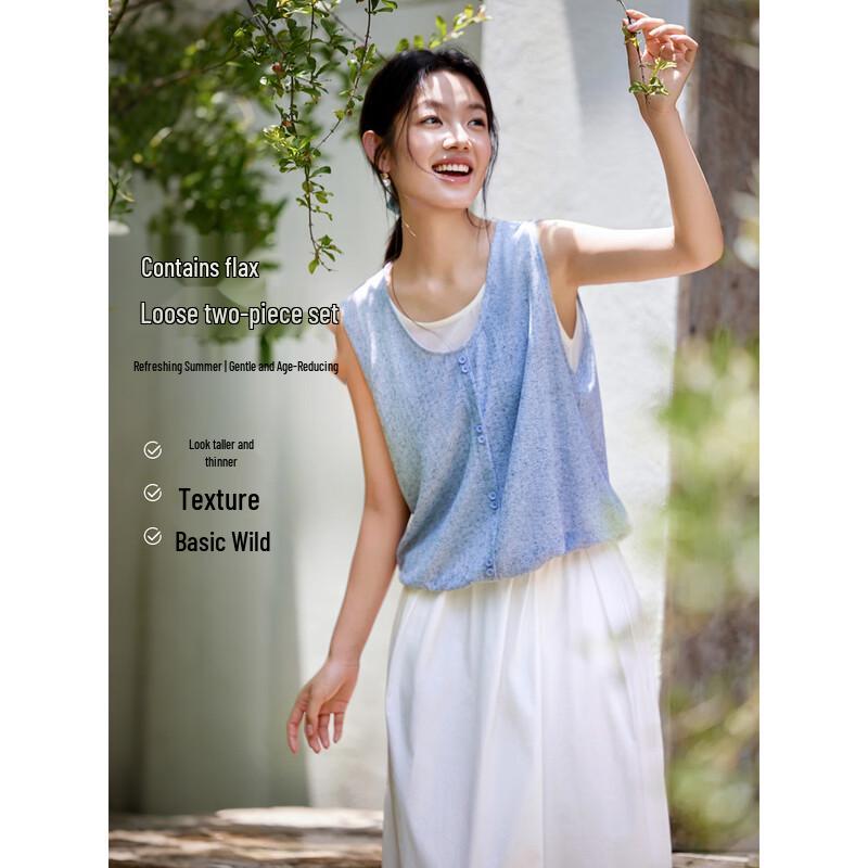 Faux Two-Piece Relaxed Linen Blend Knit Top M