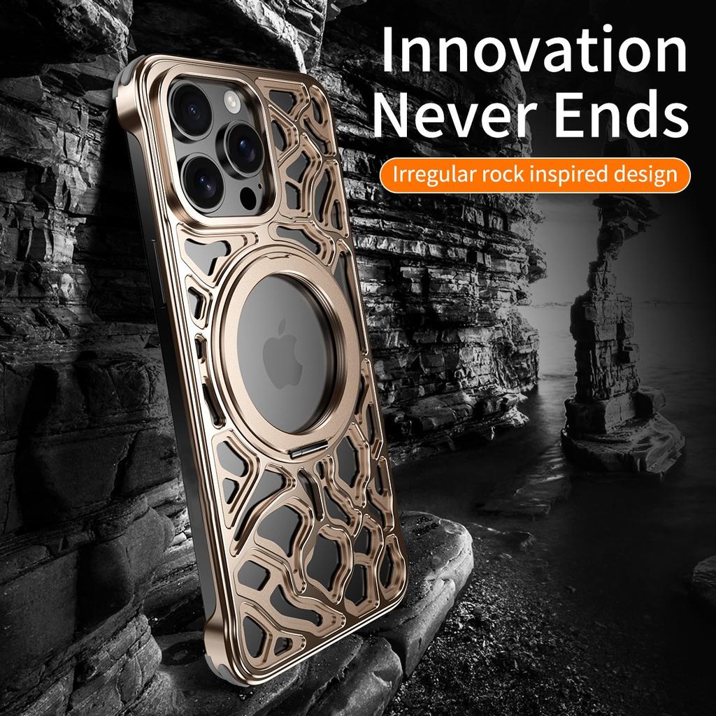 For iPhone 16 Pro Bumper Case Alloy Metal Borderless Back Cover with Magnetic Kickstand