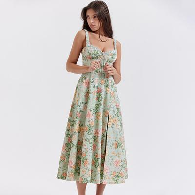 Damen Boho Maxikleid mit Blumenmuster, Spaghettiträger, quadratischer Ausschnitt, A-Linie, Schlitz, langes Kleid, Sommerurlaubskleid