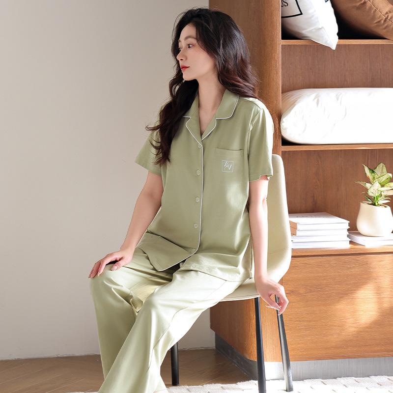 Pure Cotton Pajamas Women's Summer Short-sleeved Trousers with Chest Pads 1011 New Cardigan Can Be Worn Outside Loungewear Two-piece Set