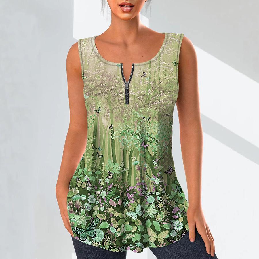 Women's Fashion V Neck Shirts Casual Tops T-shirt Ladies 3D Beautiful Forest Print Vest Plus Size Sleeveless Blouse Tank Tops