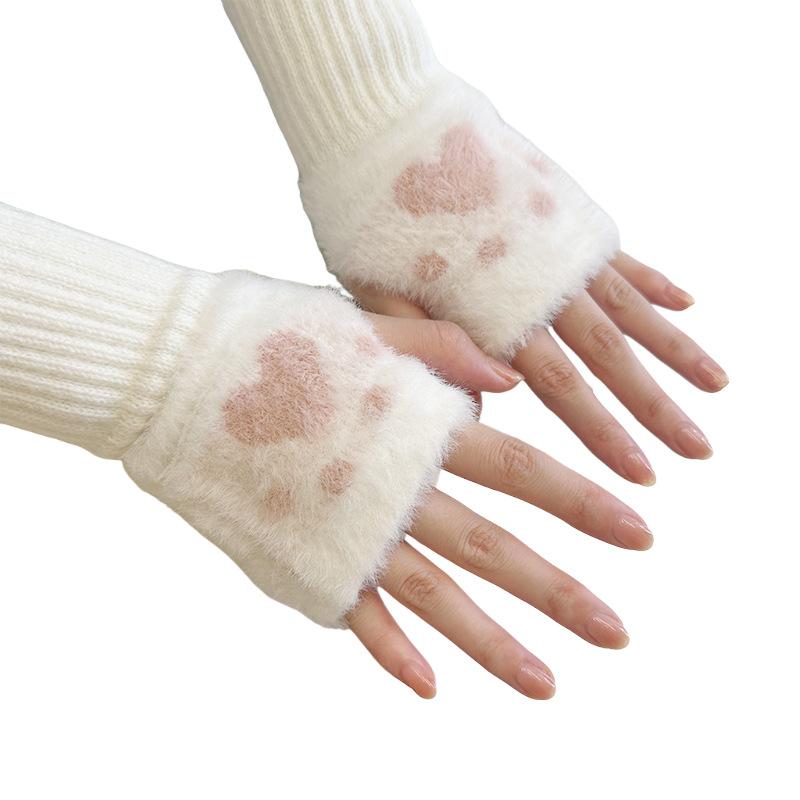 Korean Version of Cute Cat Paw Print Half Finger Plush Gloves Autumn and Winter Student Writing Warm Thickened Wrist Protecting Fingerless Gloves