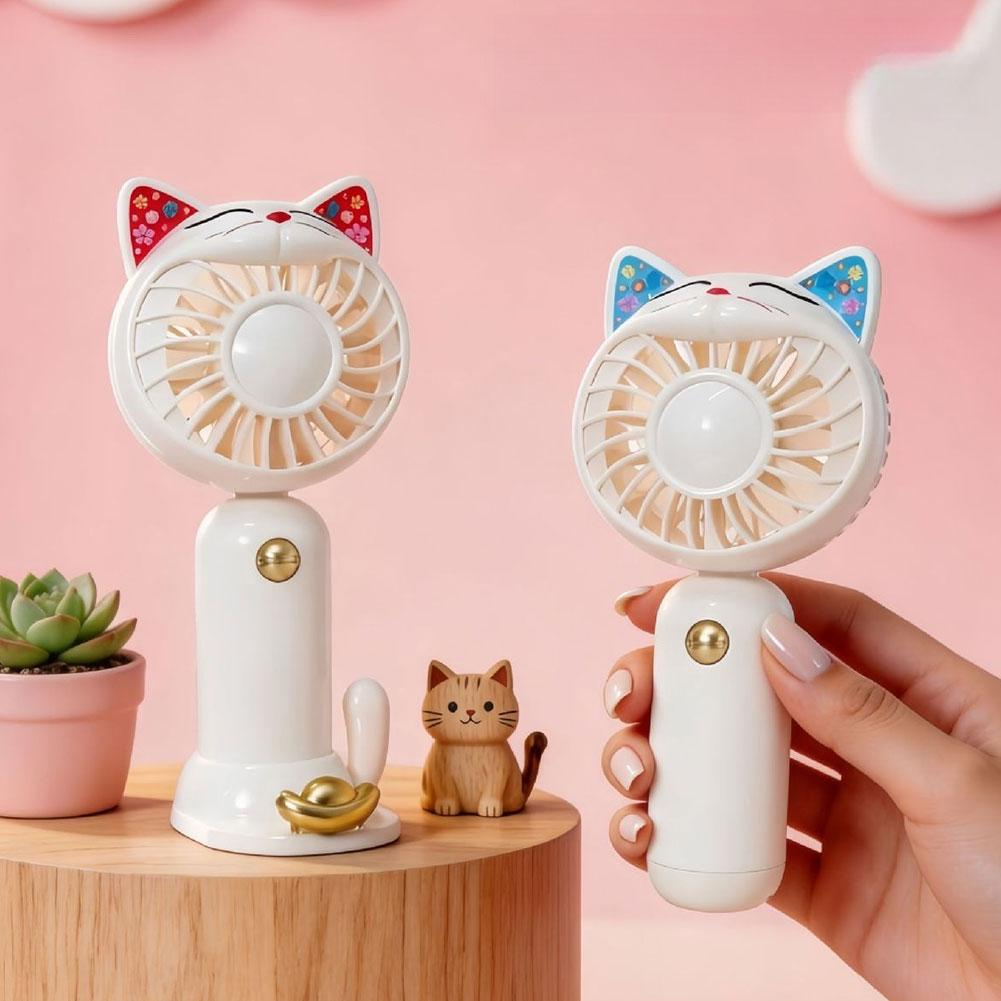 Mini Cute Cat Shaped Fan With Base Portable Handheld Fan USB Rechargeable Desk Cooling Fan For Home Travel Gift Summer Cooling