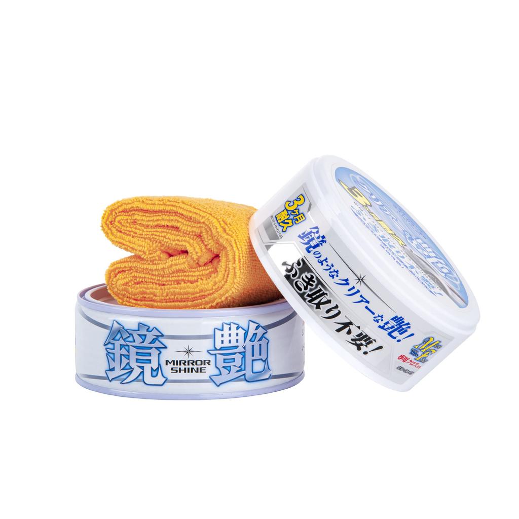 SOFT99 Mirror Shine Solid Wax for Protects and Polishes Automotive Includes Microfiber Cloth Light-Colored Cars, Paint, (Product Code 00373)