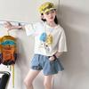 Girls' Korean Style Summer Set: Short-Sleeve T-Shirt & Thin Denim Skirt Shorts