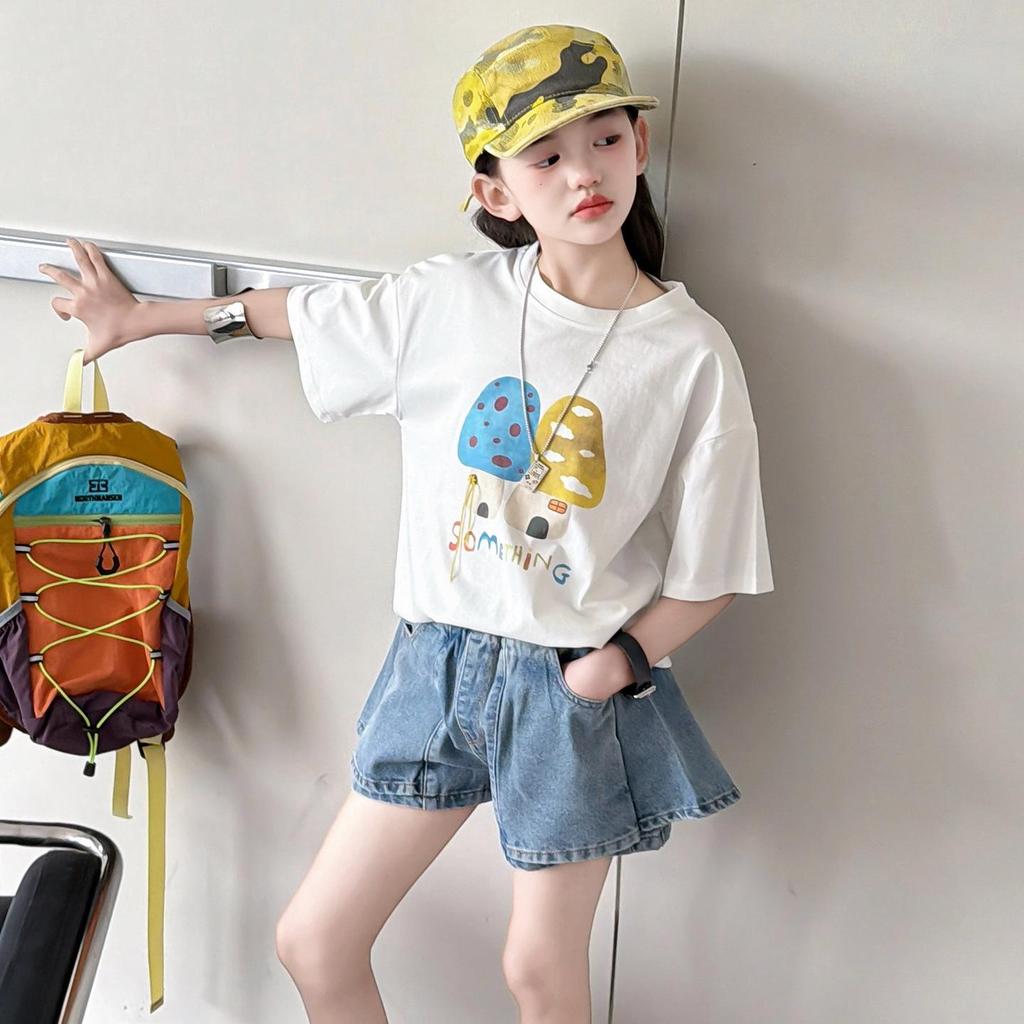Girls' Korean Style Summer Set: Short-Sleeve T-Shirt & Thin Denim Skirt Shorts