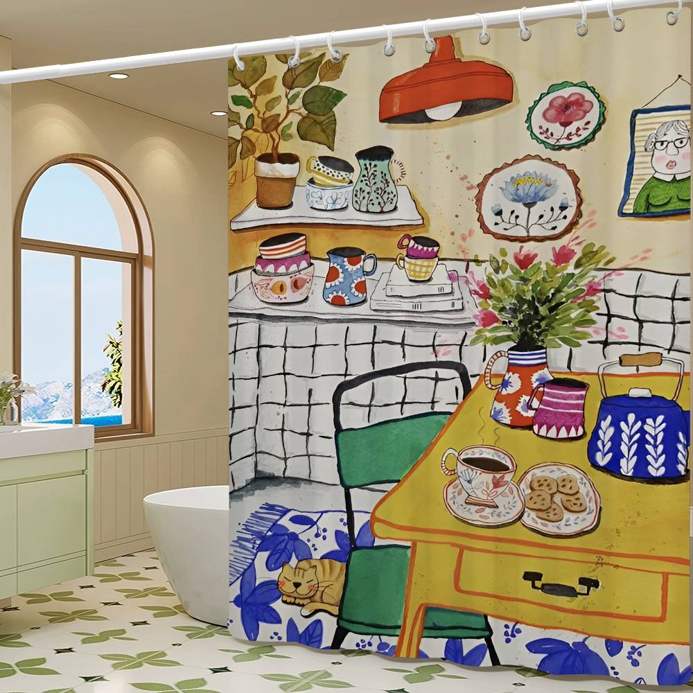 Söta Duschdraperier för Kökstjejer 180cm Polyester Modern Stil Badrumsgardin Med Krokar Vattentätt Roligt Duschdraperi