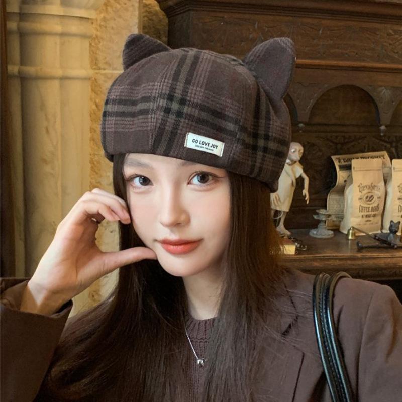 Retro Plaid Beret British Versatile Literary Painter Hat Autumn and Winter Woolen Warm and Cute Cat Ears Octagonal Hat