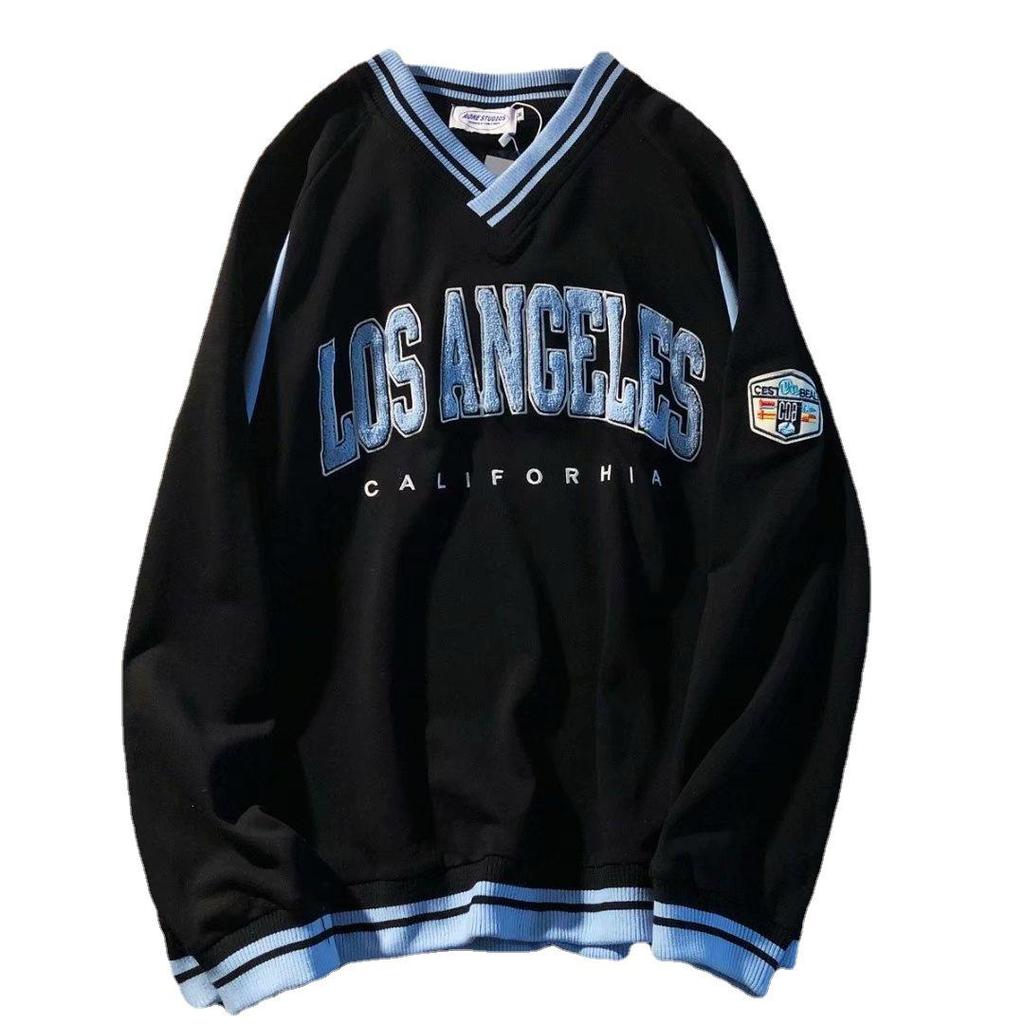 Street Style Trendy Retro Embroidered V-Neck Sweatshirt, Unisex College Style, Long Sleeve, 2021 Spring/Autumn.
