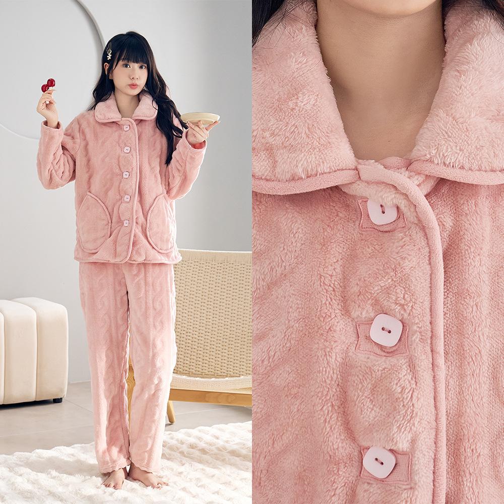 Plus Size Women's Dress with Cashmere and Thick Autumn and Winter Solid Color Long Sleeve Trousers Pajamas Set