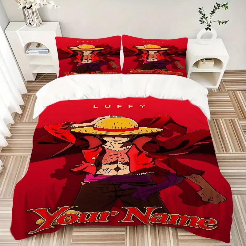 Luffy Name Anime Art Bedding Set Personalized Washable Custom 3Pcs Duvet Cover Pillowcases Soft Microfiber Home Bedroom Gift