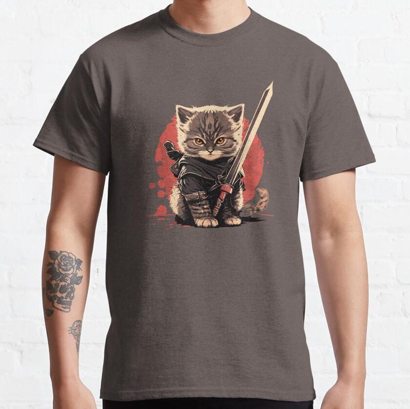 Cute black cat kawaii Samurai Kitten ninja cat warrior sword TShirt kitty cat 100 cotton printed mens clothing S