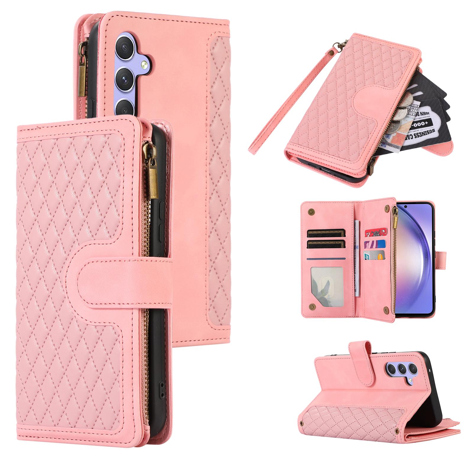 

For Samsung Galaxy A34 5G PU Leather 9 Card Slots Zipper Pocket Phone Case Rhombus Imprint Stand Wallet Cover Rose Gold