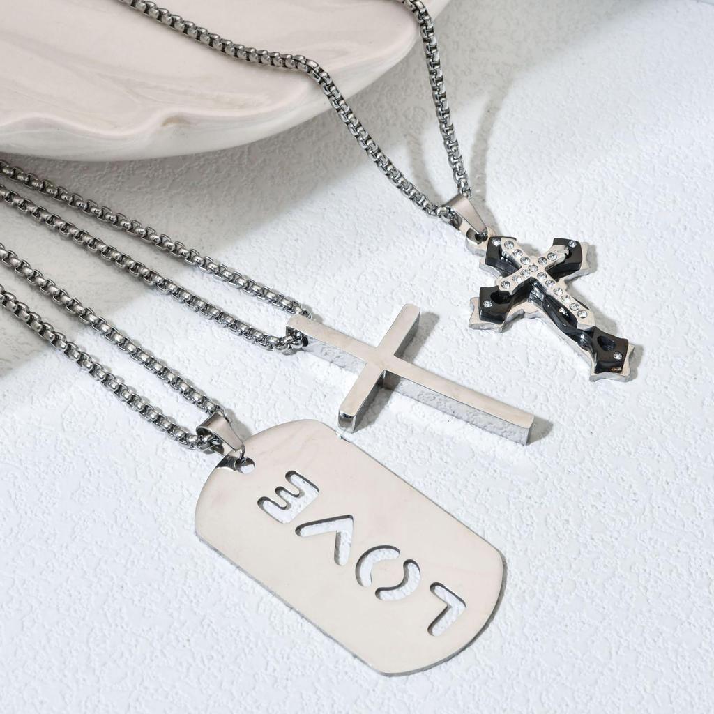 European & American High-End Stainless Steel Street Style Cross Necklace with Trendy Cool Letter Hollow Tag