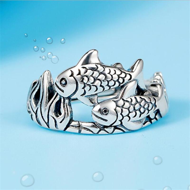 

Retro Chinese Ethnic Style Pisces Female 925 Sterling Silver Jewelry Simple Creative Distressed Lucky Carp Opening Rings TYB412 срібний