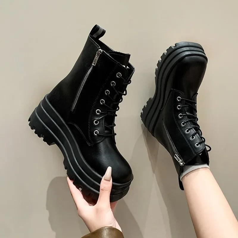 Women's Fashion Boots Thick Sole High Heels Trifle Base Side Zip Black Boots Outdoor Women's Shoes Commuting Spring and Autumn