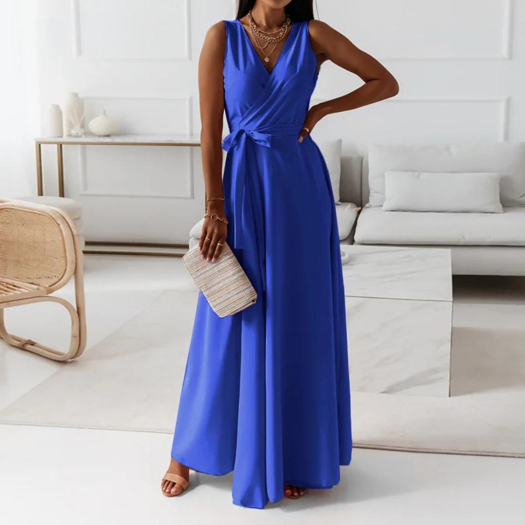 Women's V-neck Sleeveless Belt Evening Long Dress For Women