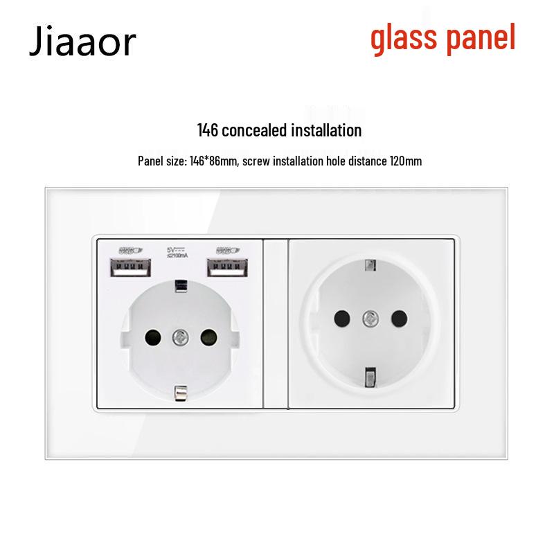 Type 146 Dual USB 16A Two-Gang European Power Socket Panel with German Standard Switch (Concealed)