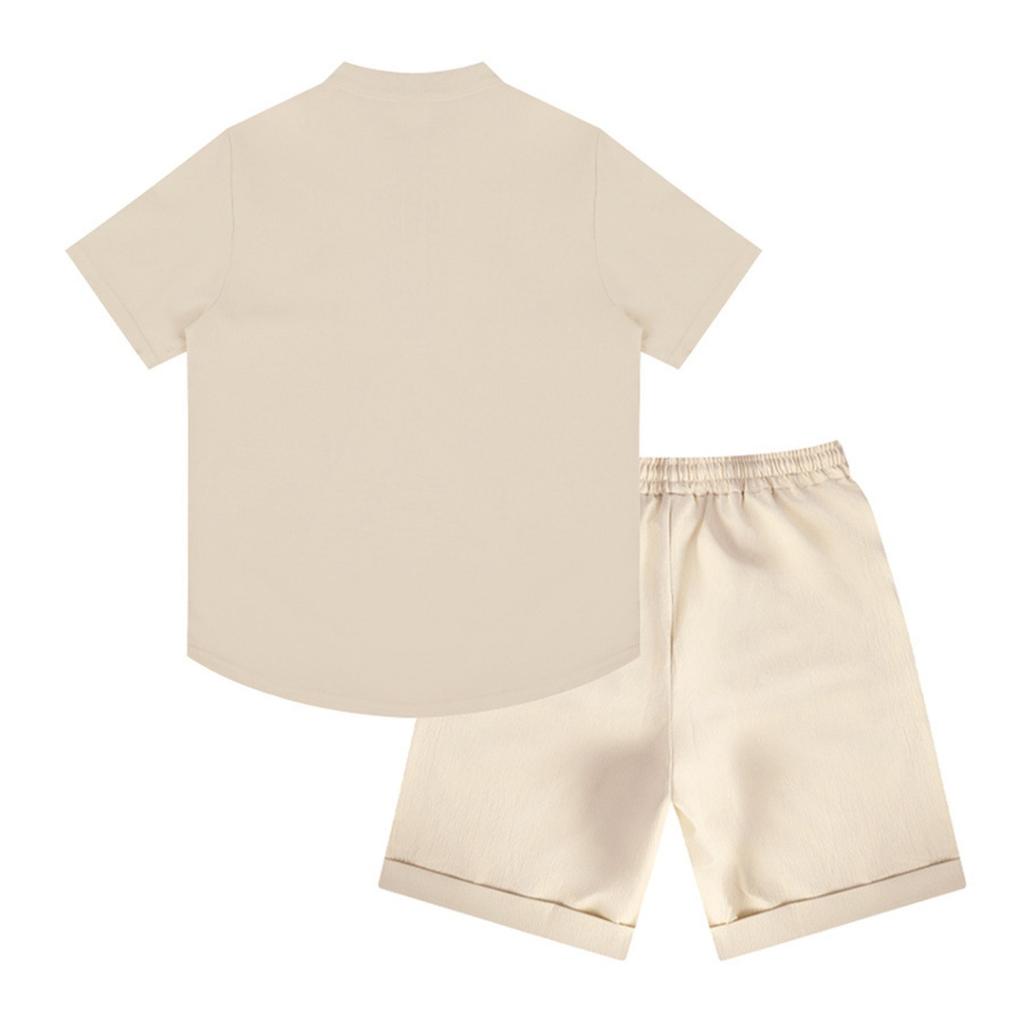 Men's Summer Solid Color Loose Short Sleeve Button Collar Top Shorts Set